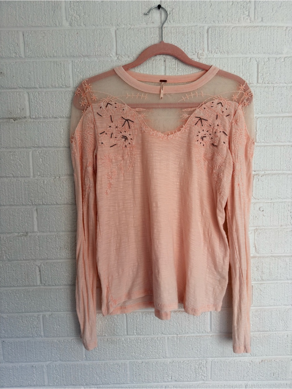 Free People Micha Embellished Mesh Long Sleeve Tee XS